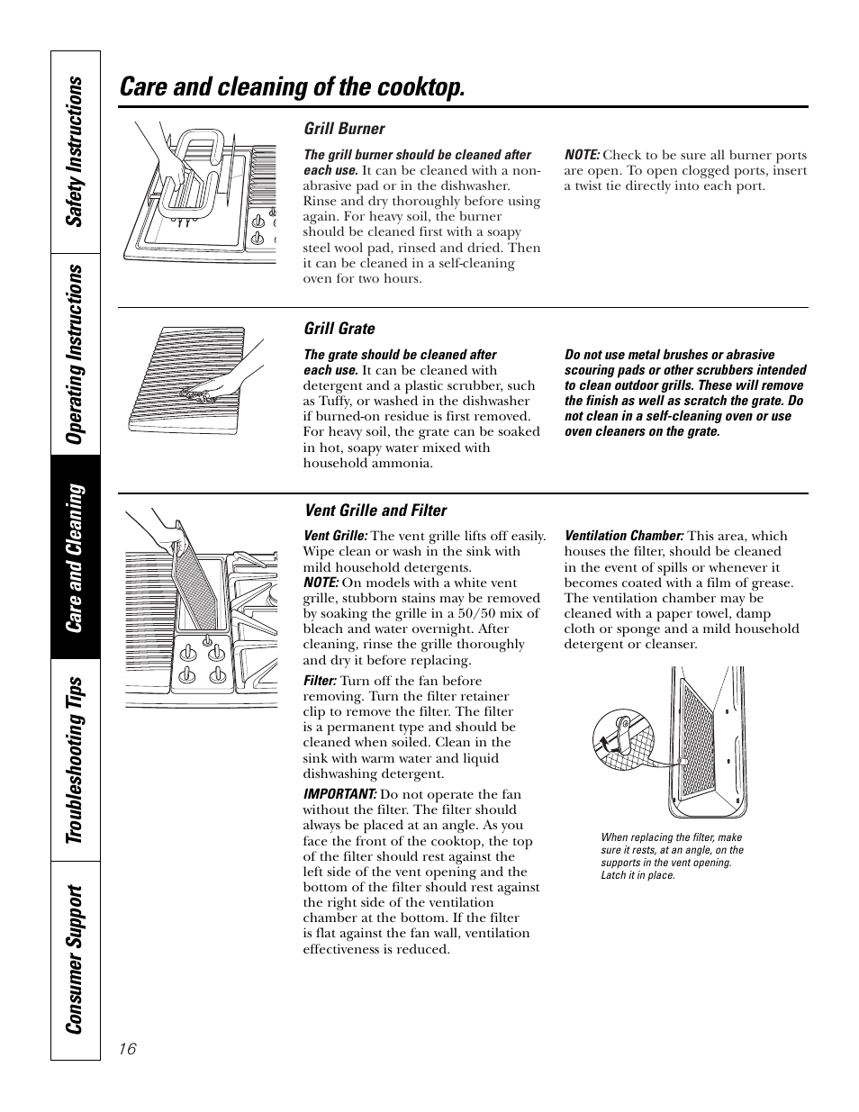 Grill burner, Grill grate, Vent grille and filter | Grill burner grill grate, Care and cleaning of the cooktop | GE JGP990 User Manual | Page 16 / 80