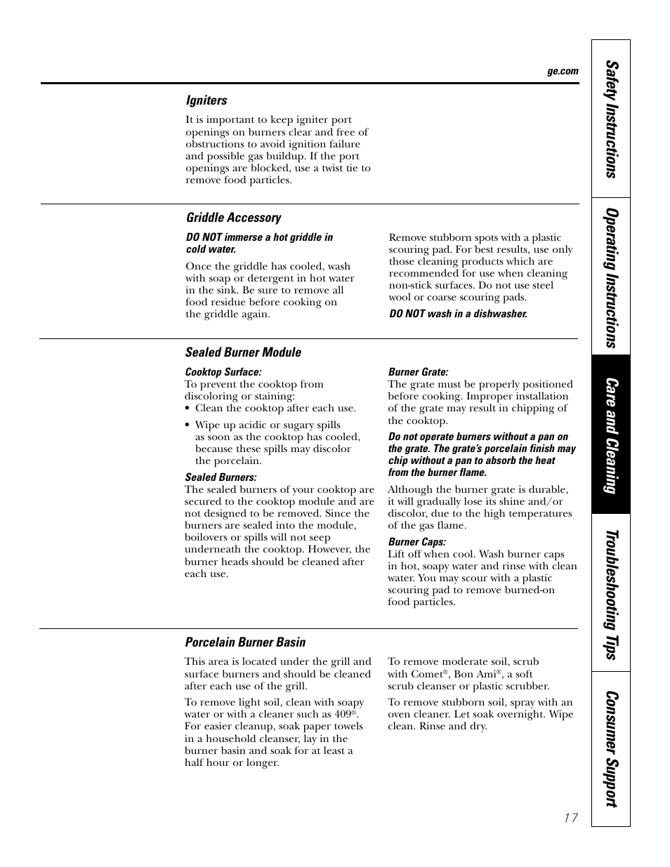 Griddle accessory, Igniters, Porcelain burner basin | Sealed burner module, Igniters porcelain burner basin | GE JGP990 User Manual | Page 17 / 80