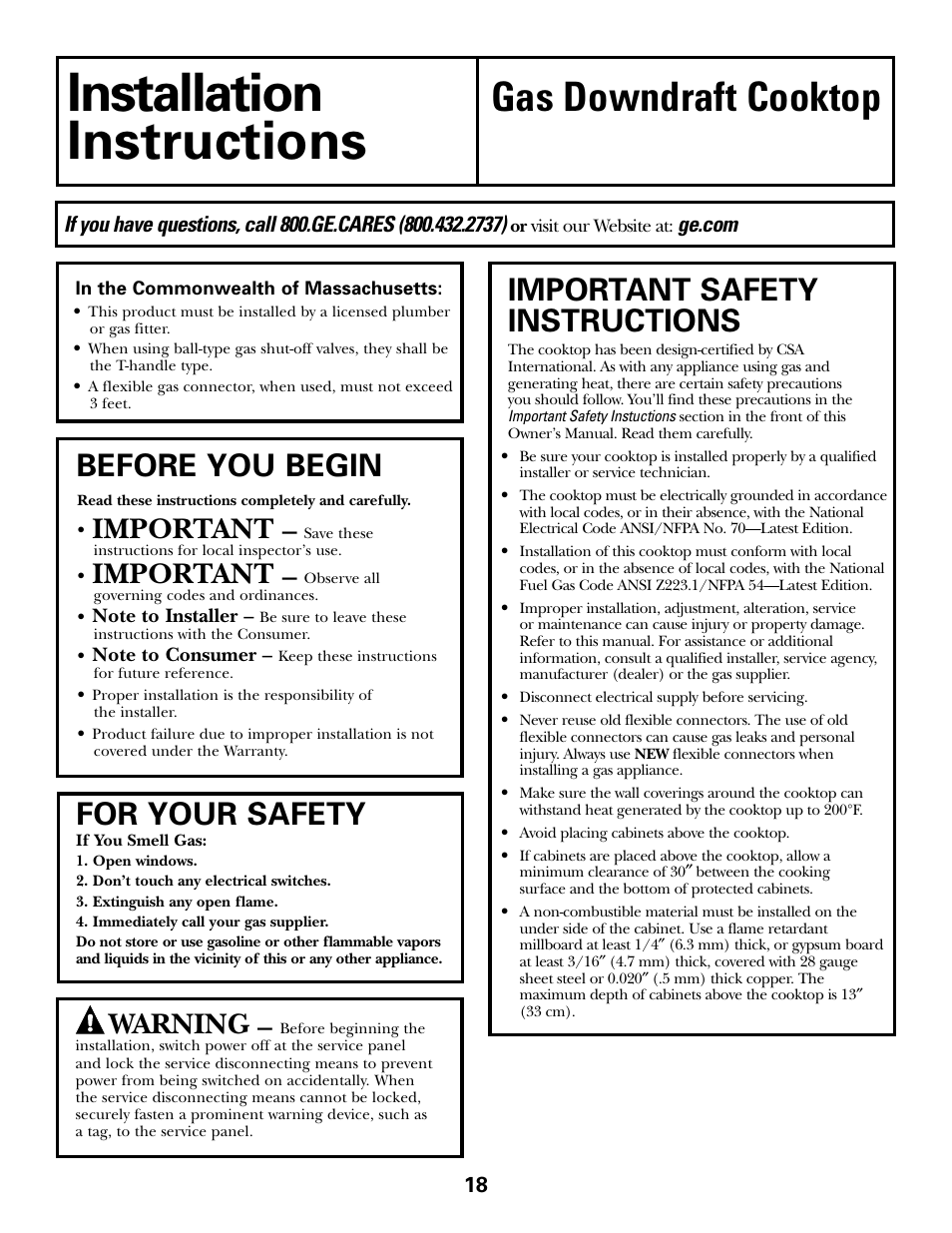 Installation instructions, Installation, Instructions | Gas downdraft cooktop, Important safety instructions, For your safety, Before you begin, Important, Warning | GE JGP990 User Manual | Page 18 / 80