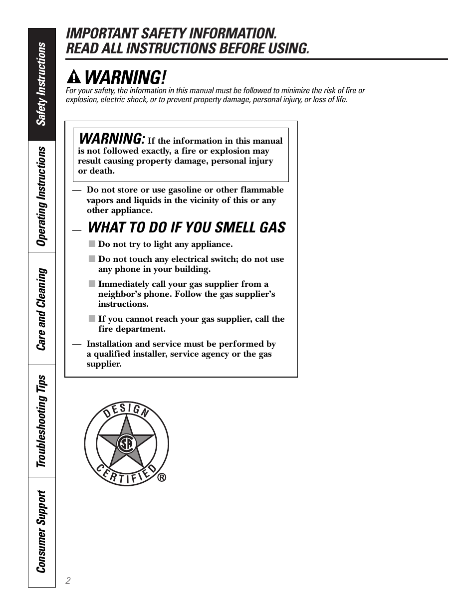 Safety instructions, What to do if you smell gas, Warning | GE JGP990 User Manual | Page 2 / 80