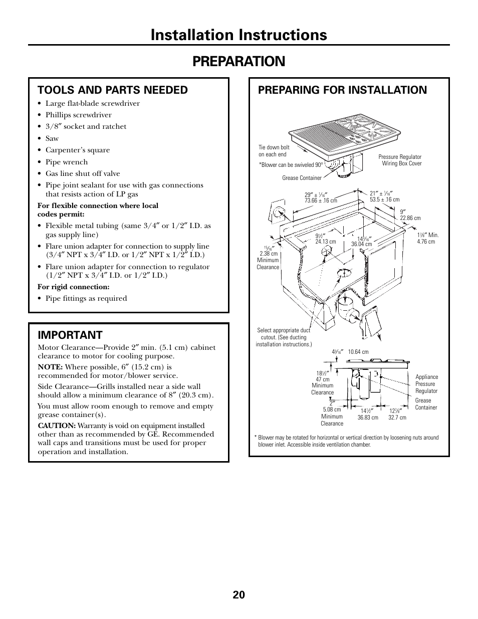 Installation instructions, Preparation, Preparing for installation | Tools and parts needed, Important | GE JGP990 User Manual | Page 20 / 80