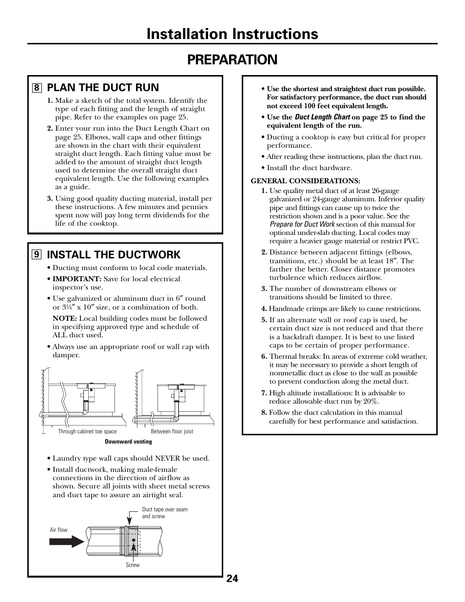 Installation instructions, Preparation, Install the ductwork | Plan the duct run | GE JGP990 User Manual | Page 24 / 80