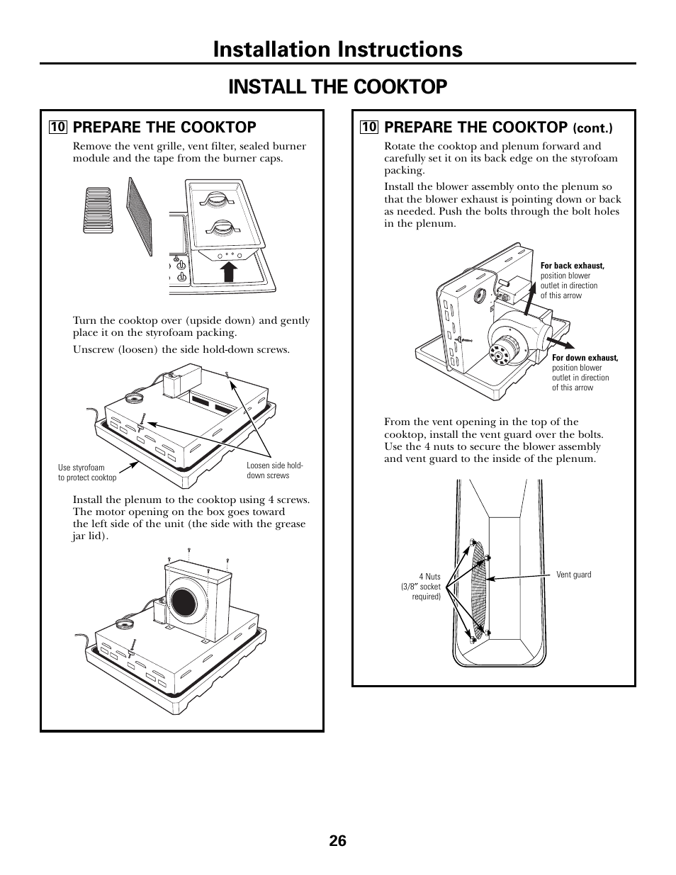 Installation instructions, Install the cooktop, Prepare the cooktop | GE JGP990 User Manual | Page 26 / 80