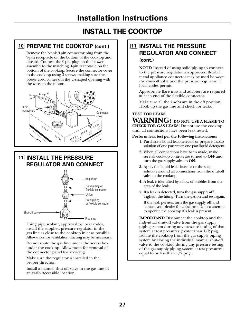 Installation instructions, Warning, Install the cooktop | Prepare the cooktop, 27 install the pressure regulator and connect, Install the pressure regulator and connect | GE JGP990 User Manual | Page 27 / 80