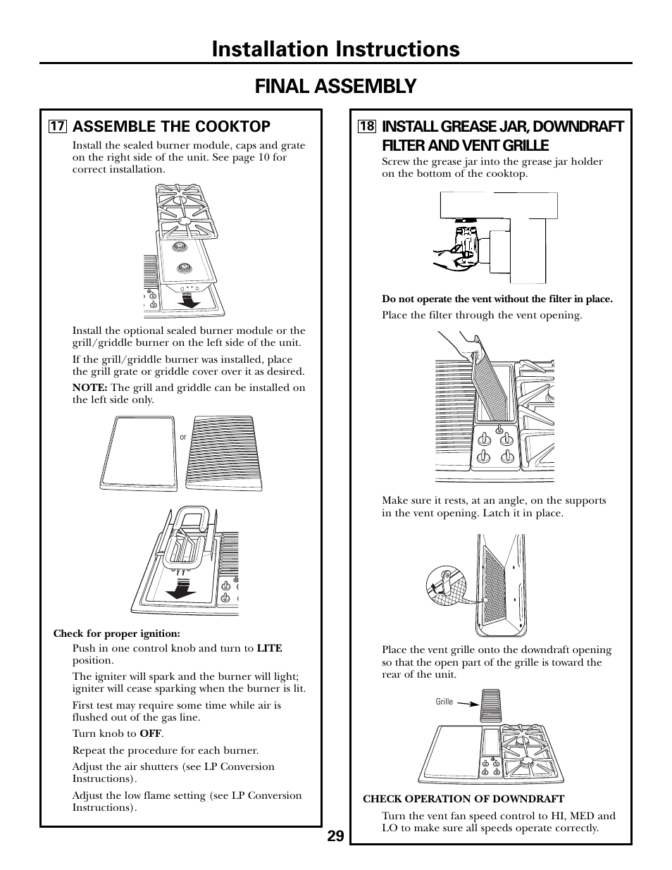 Installation instructions, Final assembly, Assemble the cooktop | GE JGP990 User Manual | Page 29 / 80