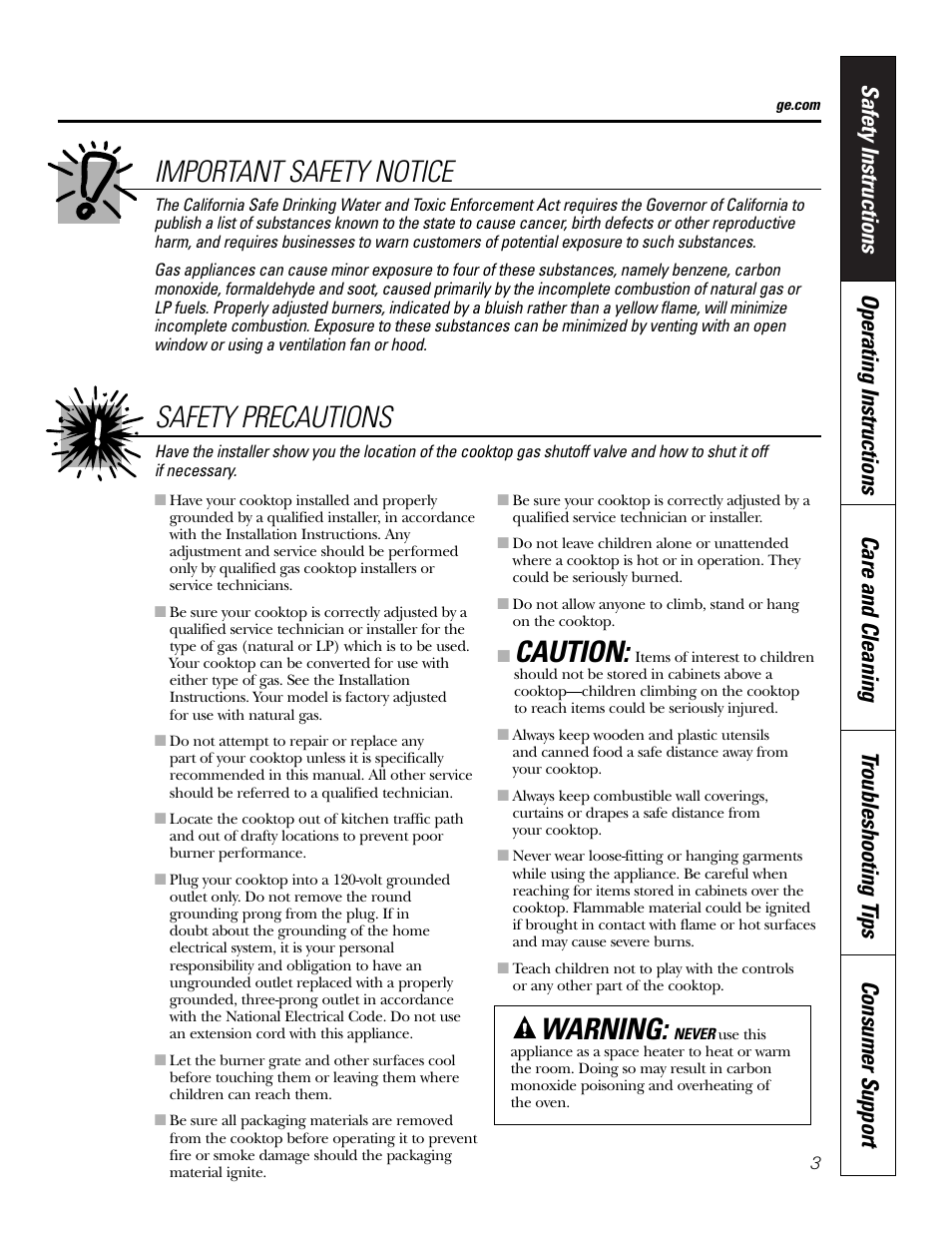 Important safety notice, Caution, Safety precautions | Warning | GE JGP990 User Manual | Page 3 / 80