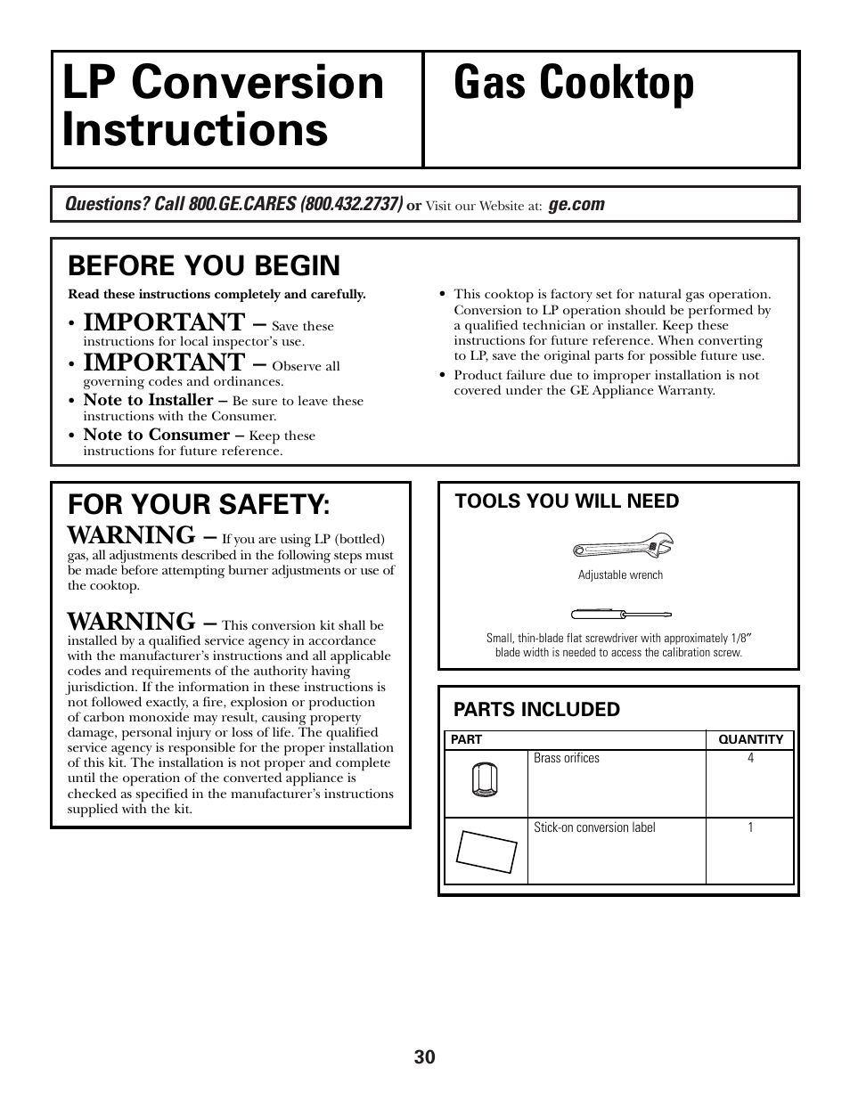 Lp conversion, Lp conversion gas cooktop instructions, Before you begin | For your safety, Important, Warning | GE JGP990 User Manual | Page 30 / 80