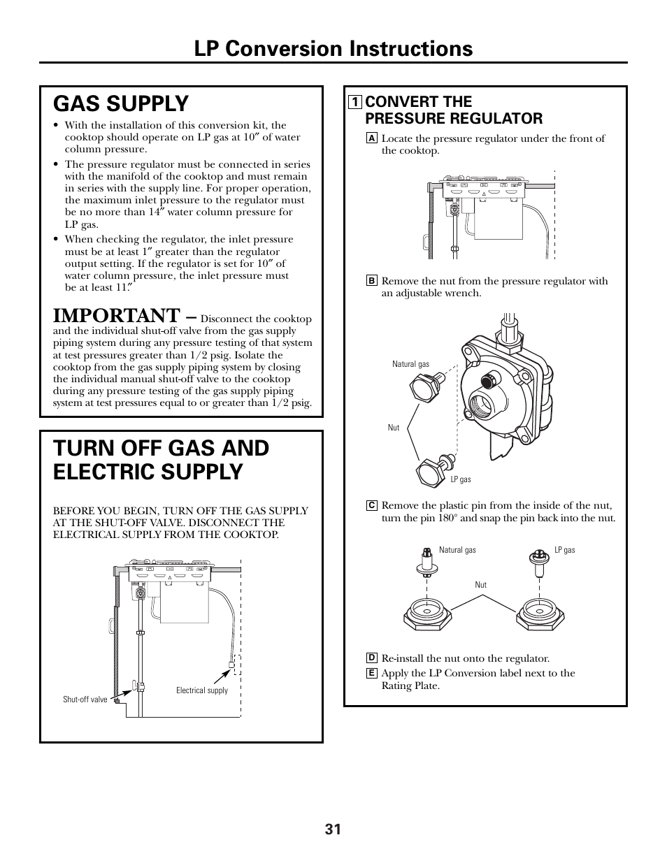 Lp conversion instructions, Gas supply, Turn off gas and electric supply | Important, Convert the pressure regulator | GE JGP990 User Manual | Page 31 / 80