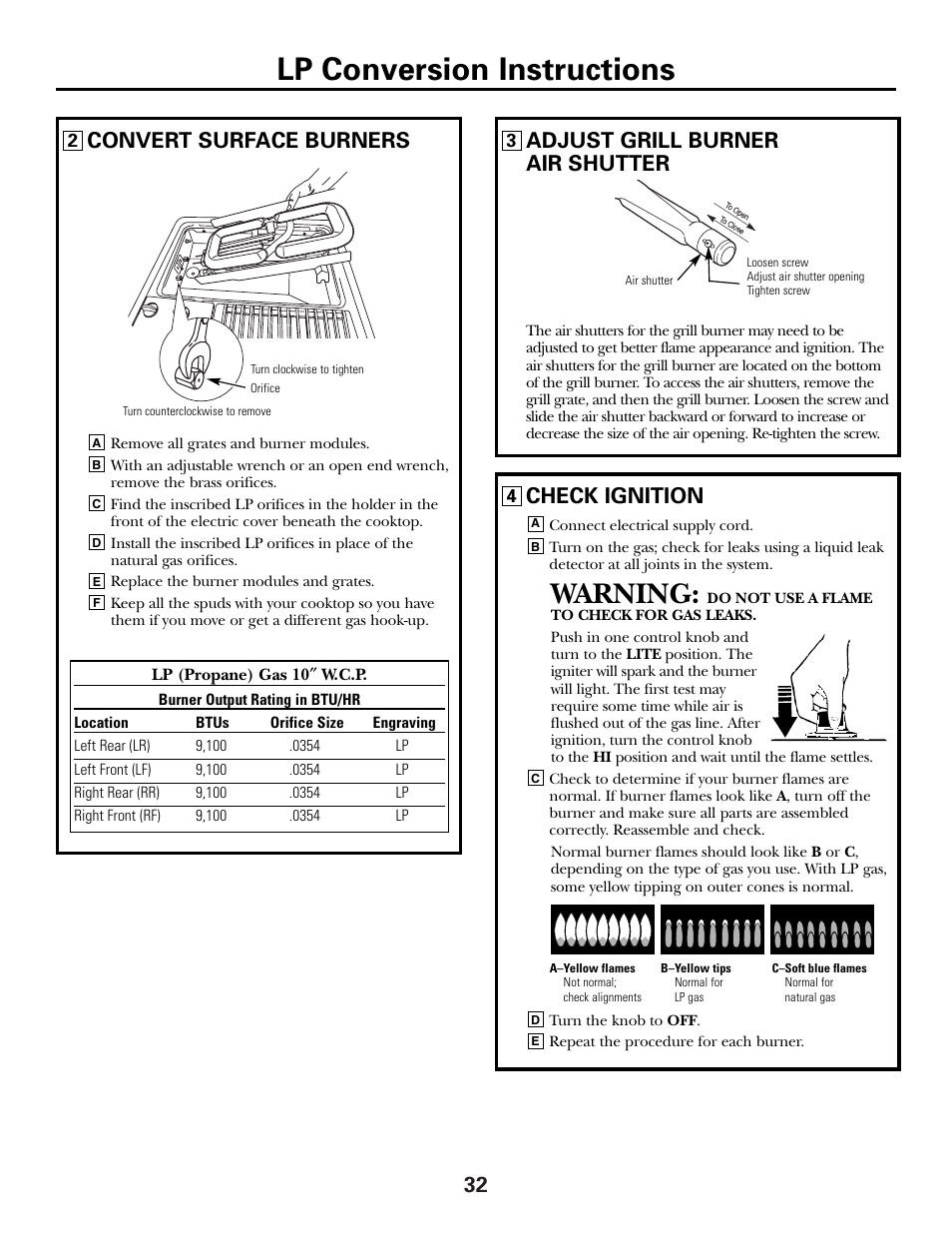 Lp conversion instructions, Warning, Convert surface burners | Adjust grill burner air shutter, Check ignition | GE JGP990 User Manual | Page 32 / 80