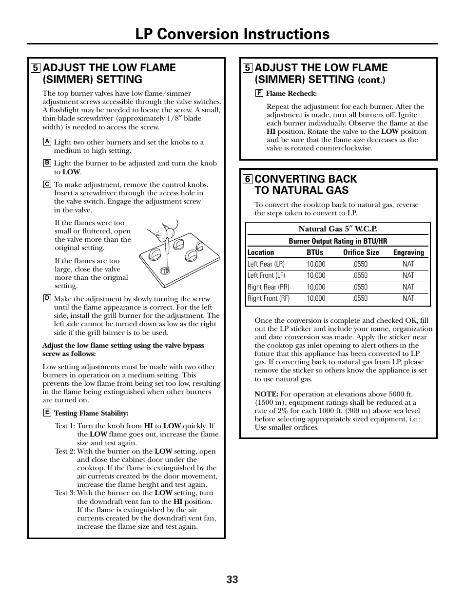 Lp conversion instructions, Adjust the low flame (simmer) setting, Converting back to natural gas | GE JGP990 User Manual | Page 33 / 80