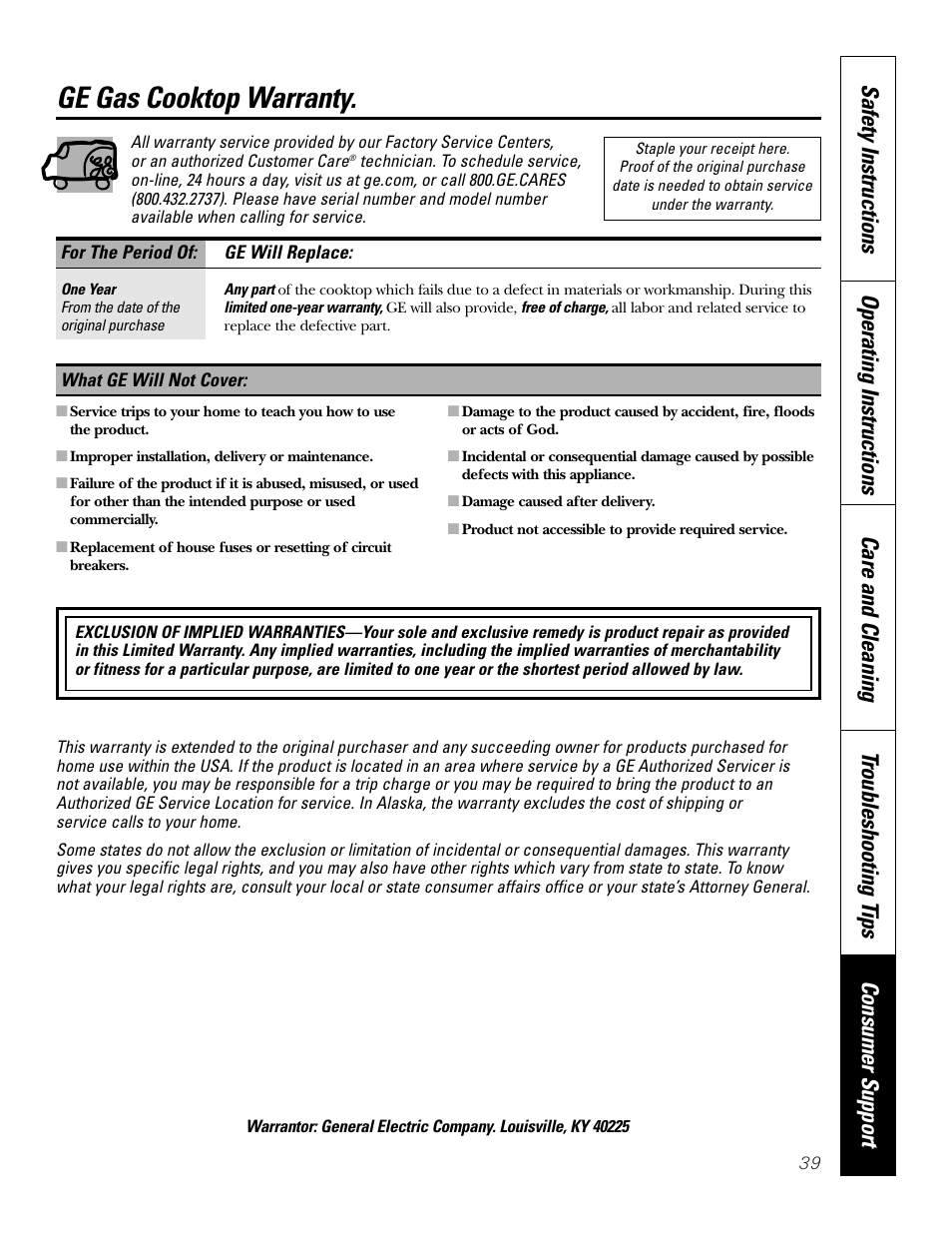 Warranty, Ge gas cooktop warranty | GE JGP990 User Manual | Page 39 / 80