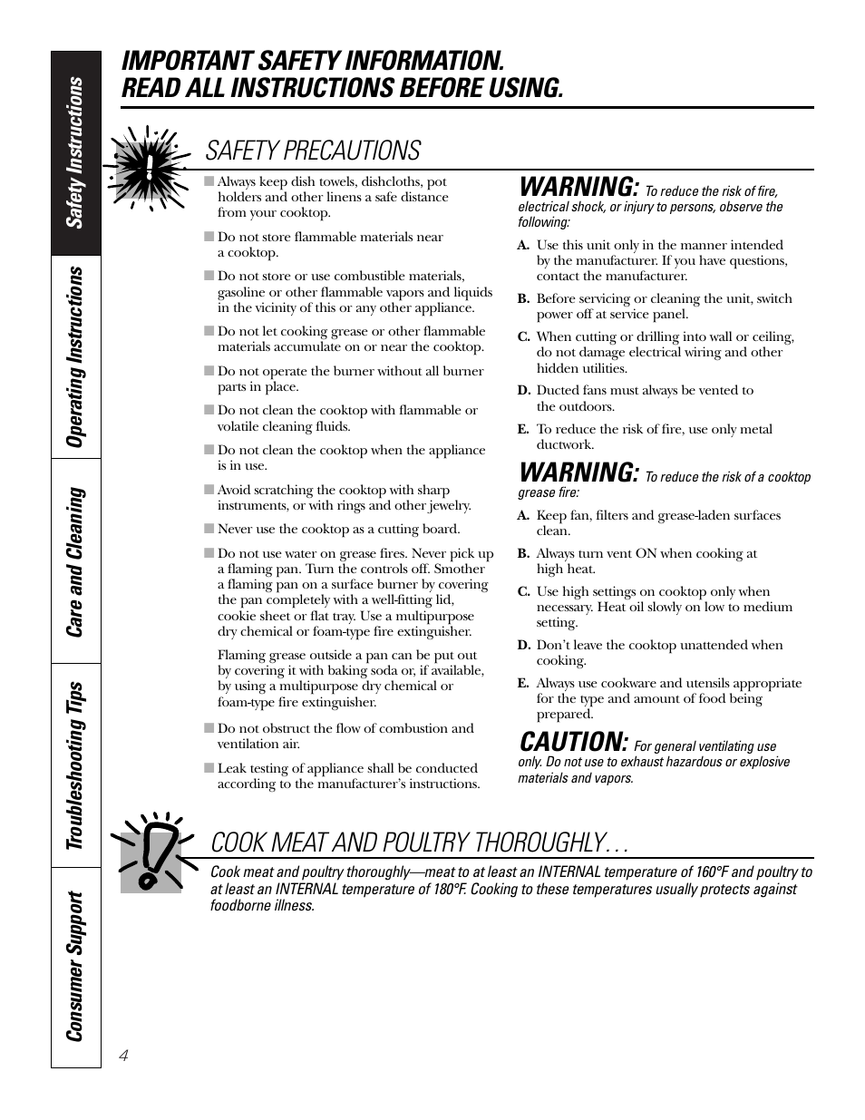 Warning, Caution, Safety precautions | Cook meat and poultry thoroughly | GE JGP990 User Manual | Page 4 / 80