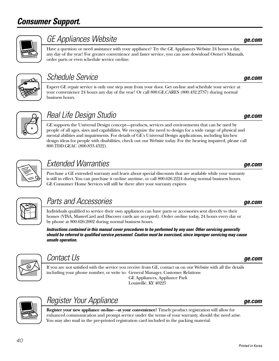 Consumer support, Consumer support. ge appliances website, Schedule service | Real life design studio, Extended warranties, Parts and accessories, Contact us, Register your appliance | GE JGP990 User Manual | Page 40 / 80