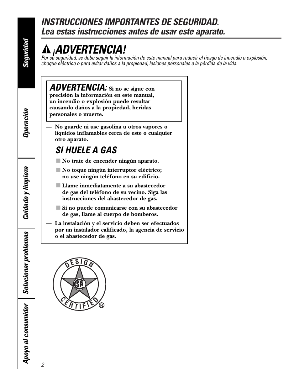 Instrucciones importantes de seguridad, Si huele a gas, Advertencia | GE JGP990 User Manual | Page 42 / 80