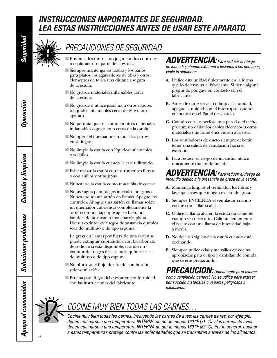 Advertencia, Precaucion, Precauciones de seguridad | Cocine muy bien todas las carnes | GE JGP990 User Manual | Page 44 / 80