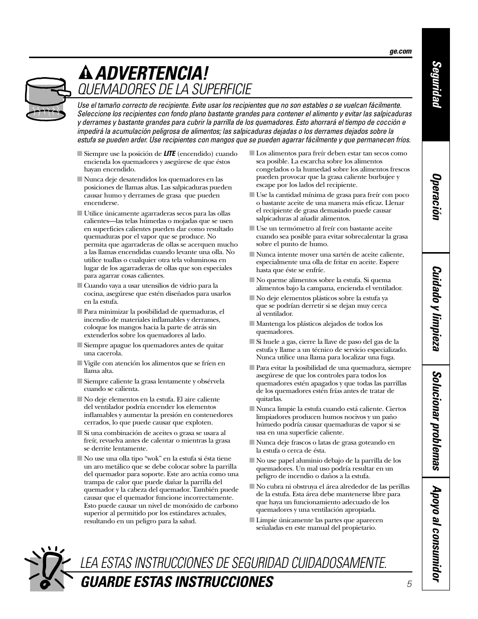 Advertencia, Quemadores de la superficie | GE JGP990 User Manual | Page 45 / 80