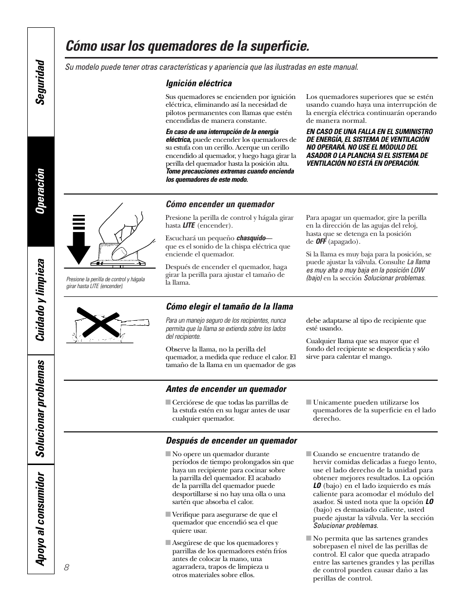 Controles, Ignición eléctrica, Controles , 9 ignición eléctrica | Cómo usar los quemadores de la superficie | GE JGP990 User Manual | Page 48 / 80