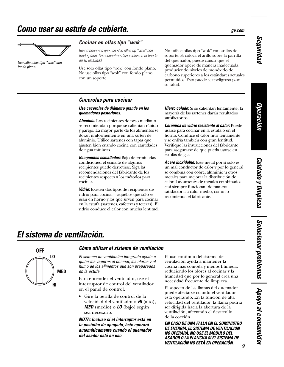 Cacerolas para cocinar, Como usar su estufa de cubierta, El sistema de ventilación | GE JGP990 User Manual | Page 49 / 80