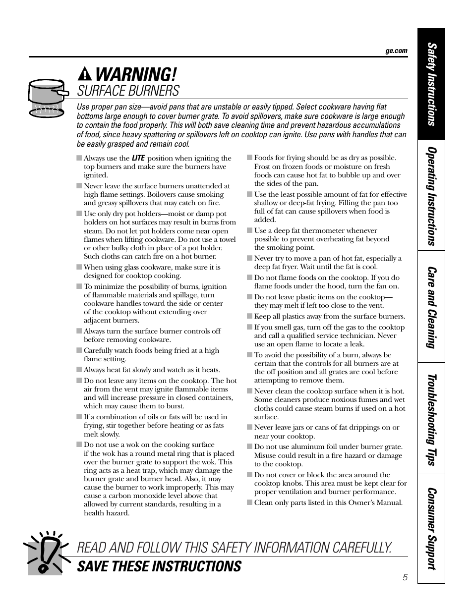 Warning, Surface burners | GE JGP990 User Manual | Page 5 / 80