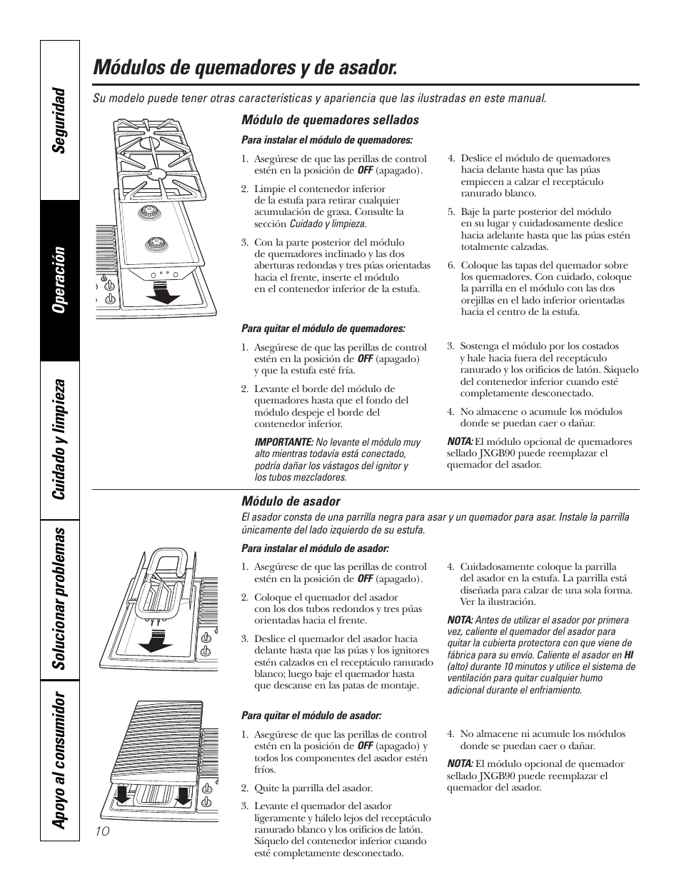 Módulo de asador, Módulo de asador –13, Módulos de quemadores y de asador | GE JGP990 User Manual | Page 50 / 80