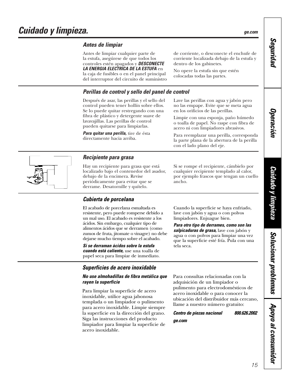 Cubierta de porcelana, Perillas de control y sello del panel de control, Recipiente para grasa | Superficies de acero inoxidable, Cuidado y limpieza | GE JGP990 User Manual | Page 55 / 80