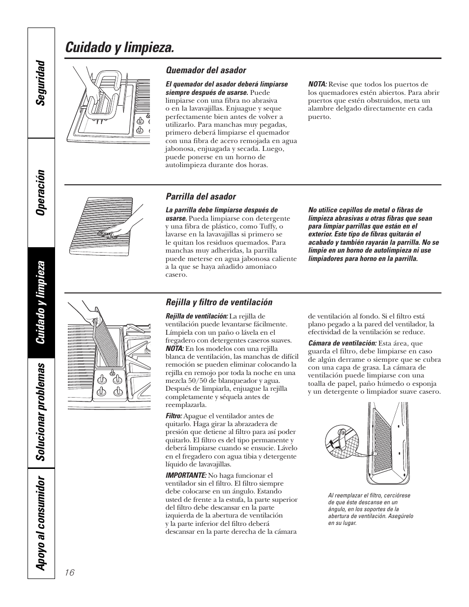 Parrilla del asador, Quemador del asador, Rejilla y filtro de ventilación | Cuidado y limpieza | GE JGP990 User Manual | Page 56 / 80