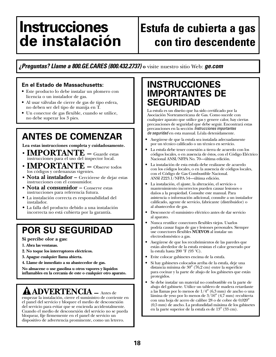 Instrucciones de instalación, Instrucciones, De instalación | Estufa de cubierta a gas, Con tiro descendente, Instrucciones importantes de seguridad, Por su seguridad, Antes de comenzar, Importante, Advertencia | GE JGP990 User Manual | Page 58 / 80