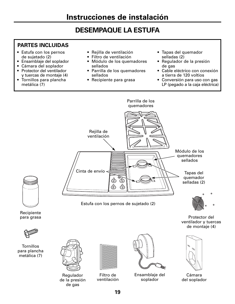 Instrucciones de instalación, Desempaque la estufa | GE JGP990 User Manual | Page 59 / 80