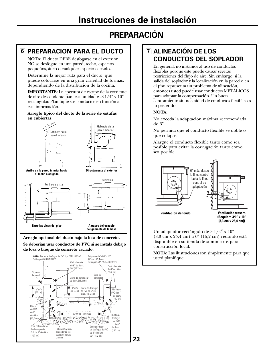 Instrucciones de instalación, Preparación, Preparacion para el ducto | 23 alineación de los conductos del soplador | GE JGP990 User Manual | Page 63 / 80