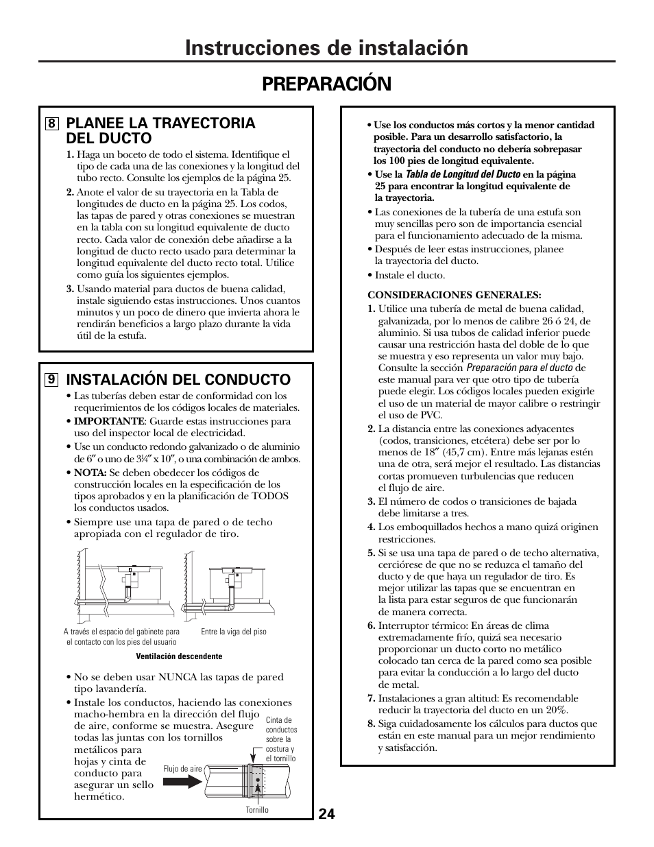 Instrucciones de instalación, Preparación, Instalación del conducto | Planee la trayectoria del ducto | GE JGP990 User Manual | Page 64 / 80