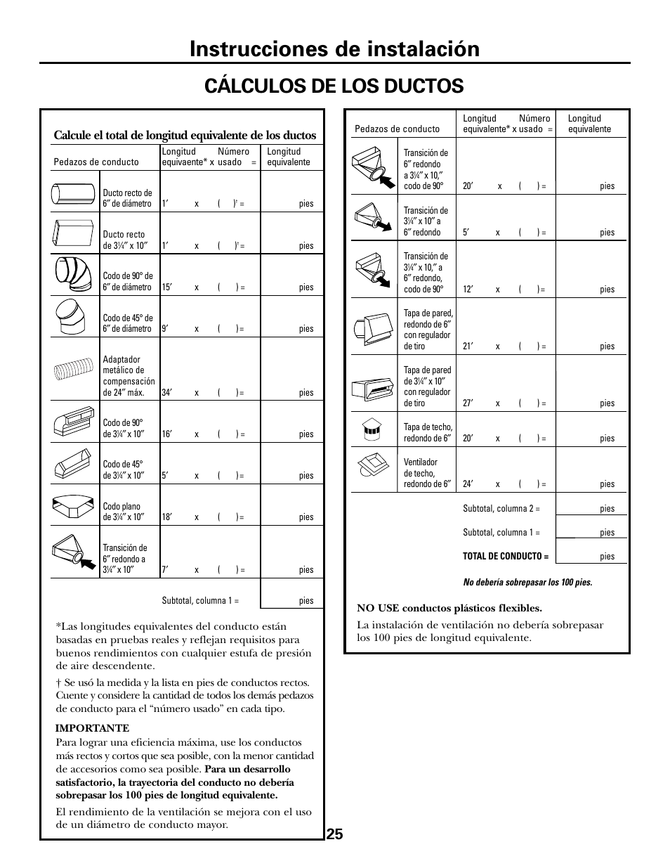 Instrucciones de instalación, Cálculos de los ductos | GE JGP990 User Manual | Page 65 / 80