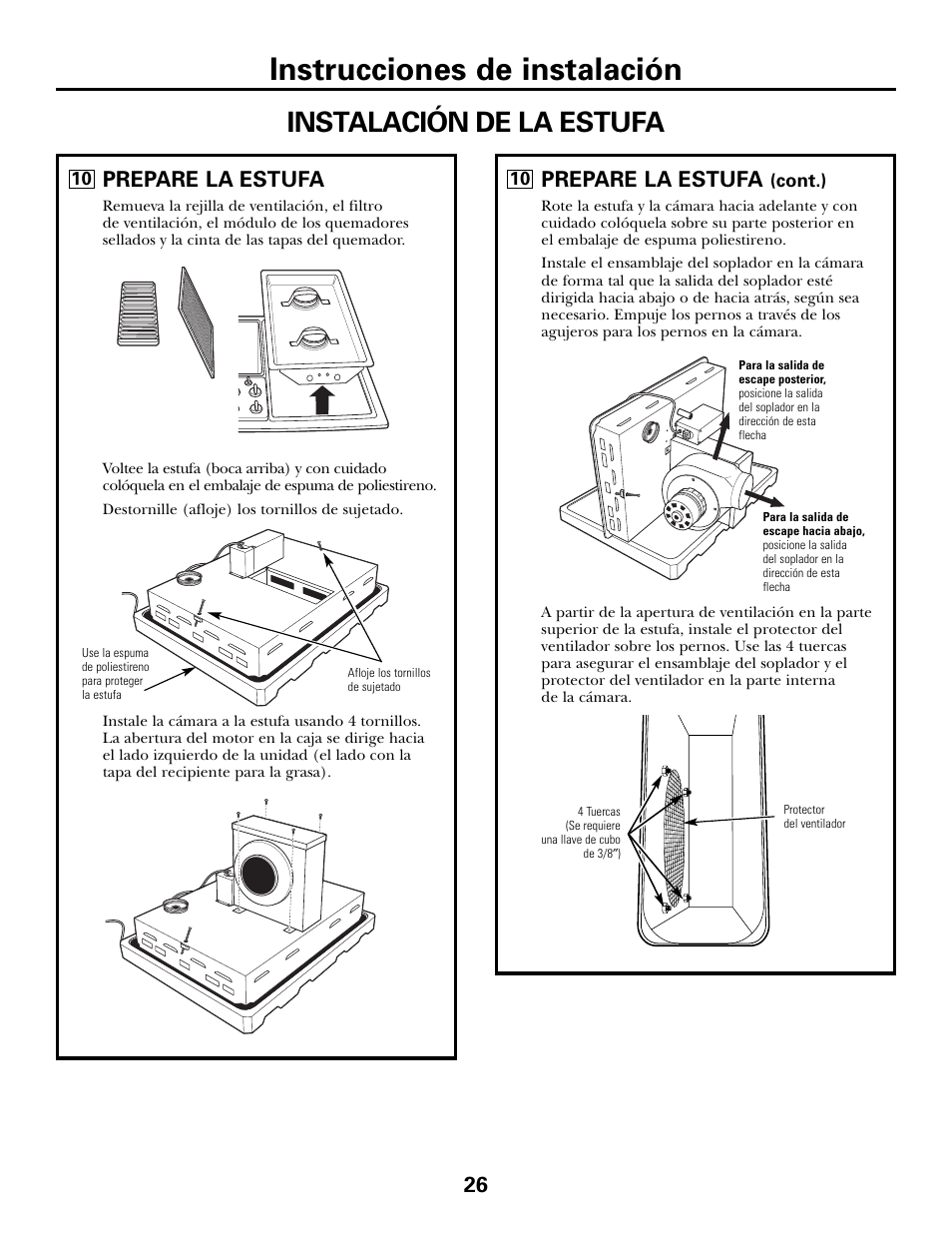 Instrucciones de instalación, Instalación de la estufa, Prepare la estufa | GE JGP990 User Manual | Page 66 / 80