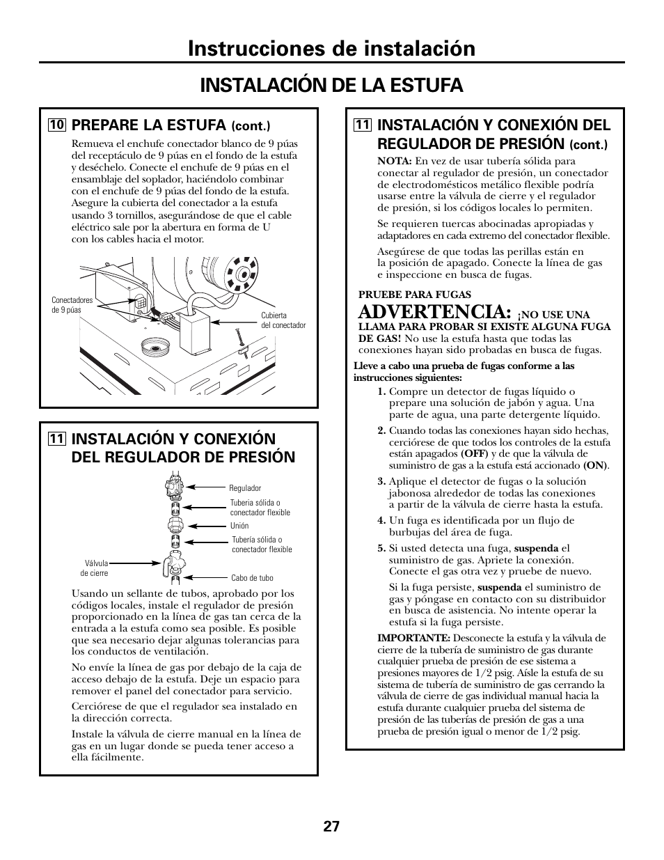 Instrucciones de instalación, Advertencia, Instalación de la estufa | Prepare la estufa, 27 instalación y conexión del regulador de presión, Instalación y conexión del regulador de presión | GE JGP990 User Manual | Page 67 / 80