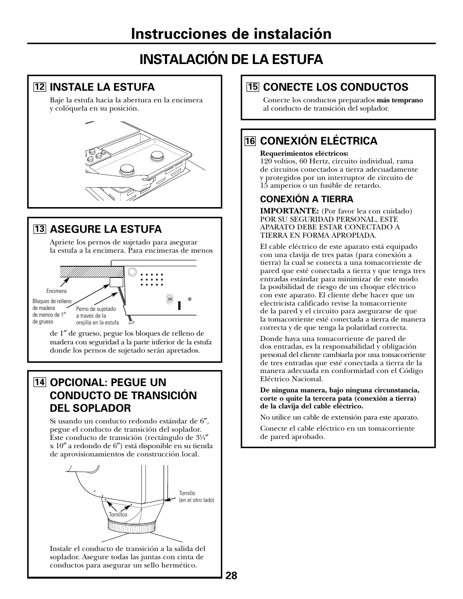 Instrucciones de instalación, Instalación de la estufa, Conexión eléctrica | Instale la estufa, Asegure la estufa, Conecte los conductos | GE JGP990 User Manual | Page 68 / 80