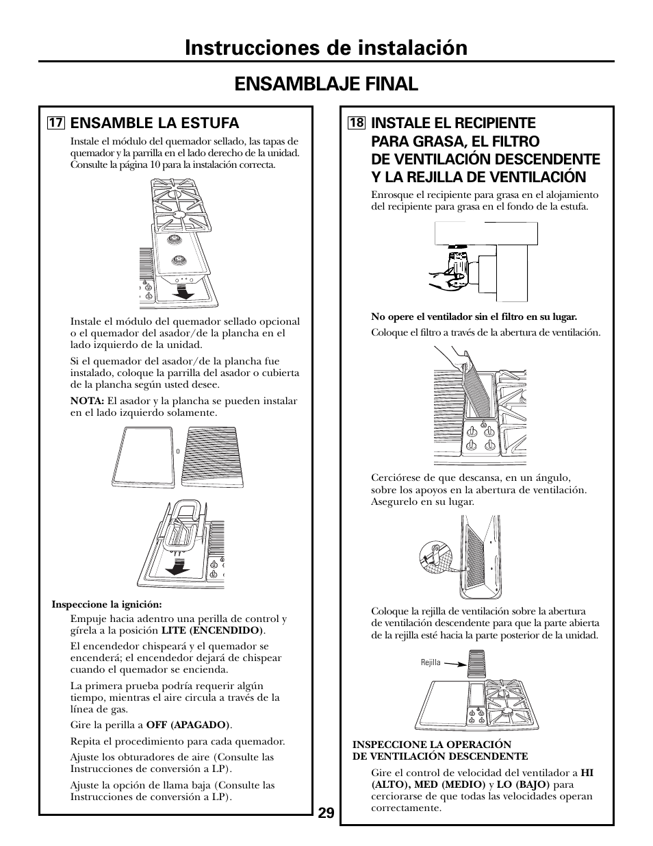 Instrucciones de instalación, Ensamblaje final, Ensamble la estufa | GE JGP990 User Manual | Page 69 / 80