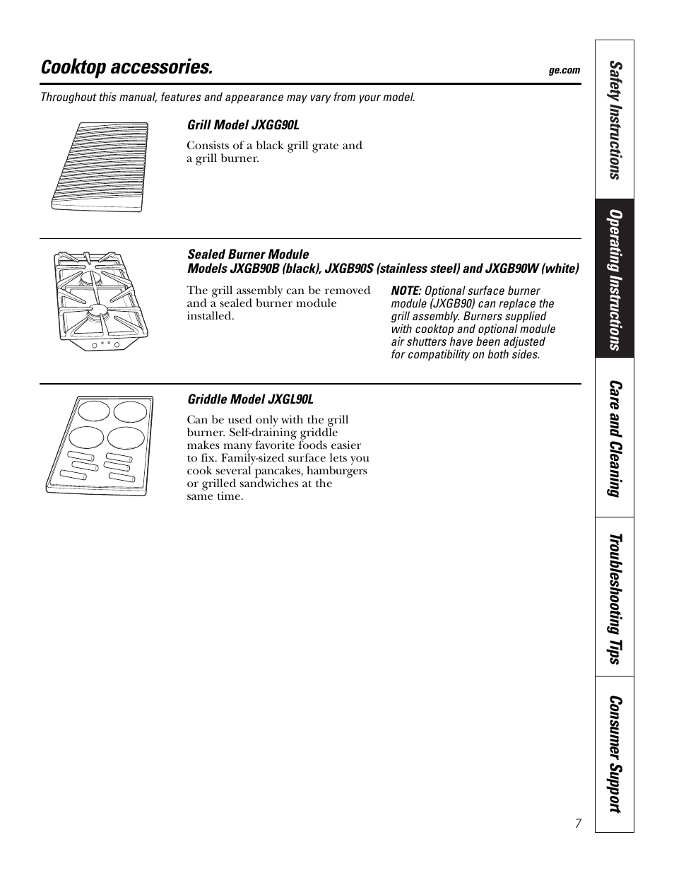 Accessories, Ooktop accessories | GE JGP990 User Manual | Page 7 / 80