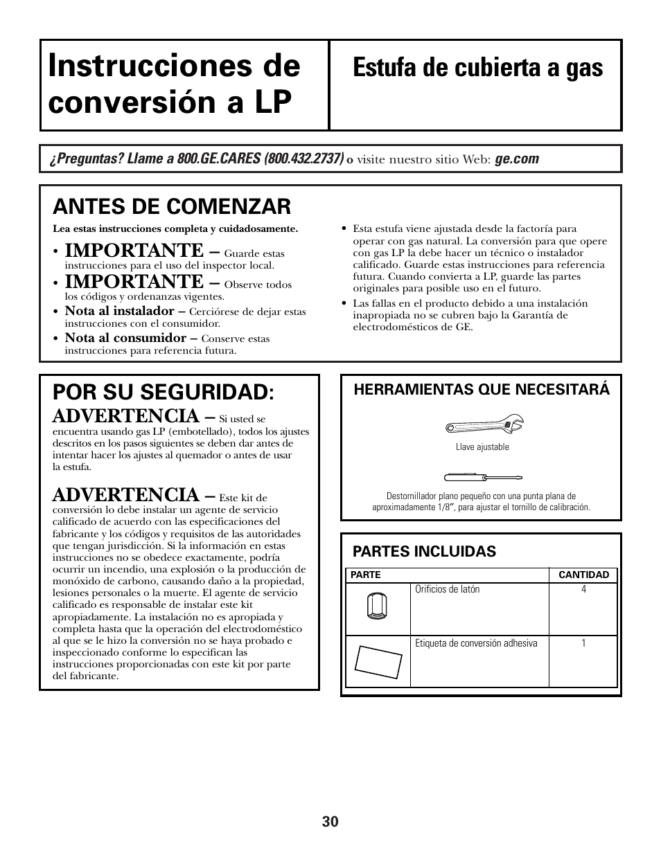 Conversión para uso con gas lp, Instrucciones de, Conversión a lp | Estufa de cubierta a gas, Antes de comenzar, Por su seguridad, Importante, Advertencia | GE JGP990 User Manual | Page 70 / 80