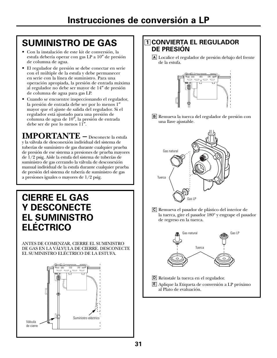 Instrucciones de conversión a lp, Suministro de gas, Cierre el gas y desconecte el suministro eléctrico | Importante, Convierta el regulador de presión | GE JGP990 User Manual | Page 71 / 80