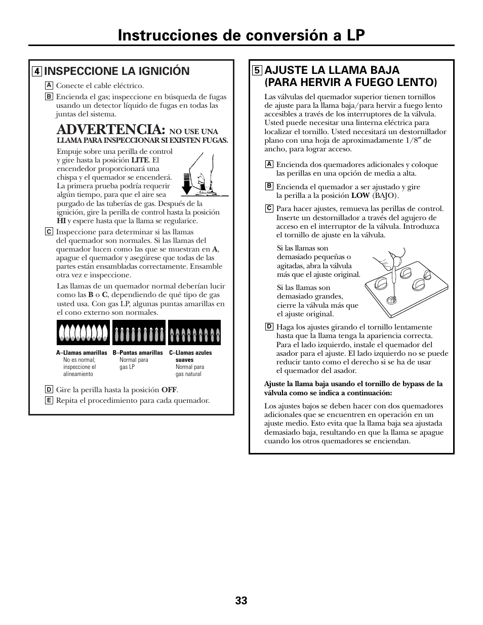 Instrucciones de conversión a lp, Advertencia, Inspeccione la ignición | Ajuste la llama baja (para hervir a fuego lento) | GE JGP990 User Manual | Page 73 / 80