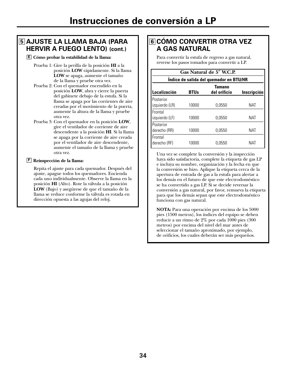 Instrucciones de conversión a lp, Cómo convertir otra vez a gas natural, Ajuste la llama baja (para hervir a fuego lento) | GE JGP990 User Manual | Page 74 / 80