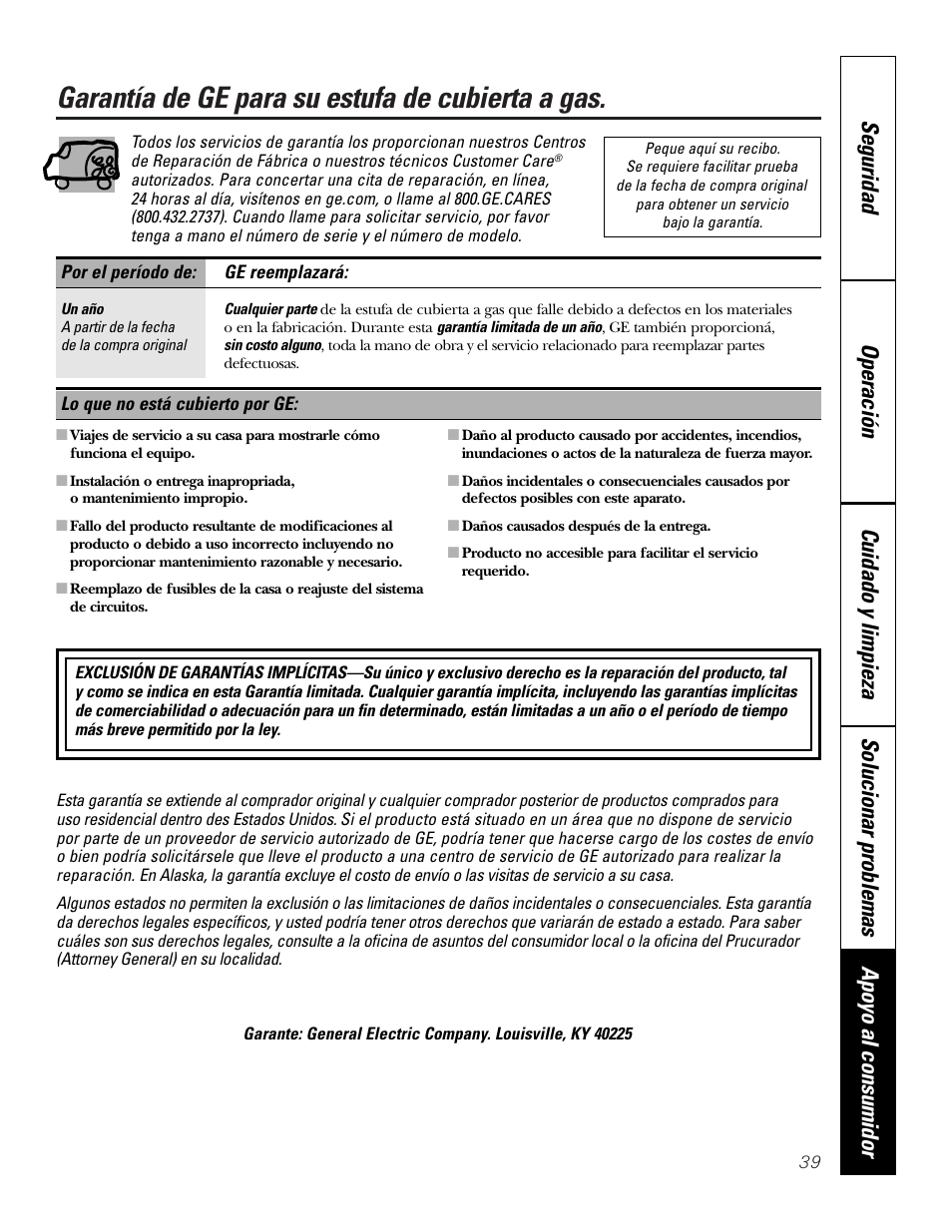 Garantía, Garantía de ge para su estufa de cubierta a gas | GE JGP990 User Manual | Page 79 / 80