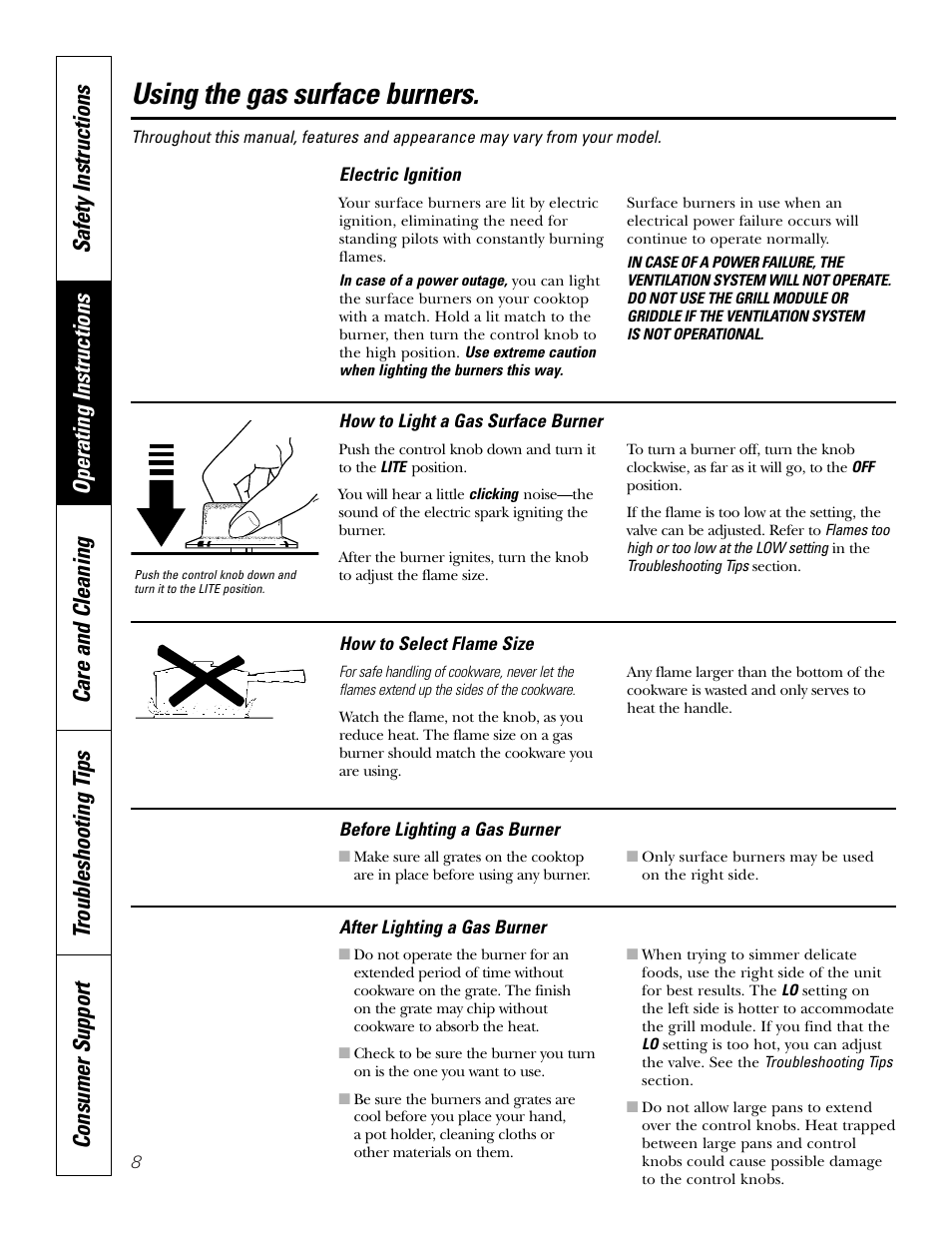 Controls, Electric ignition, Controls , 9 | Using the gas surface burners | GE JGP990 User Manual | Page 8 / 80