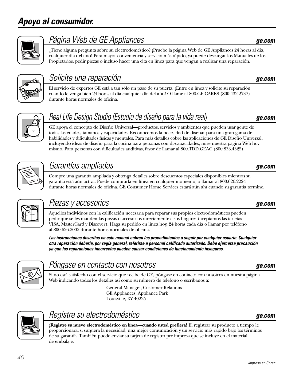 Apoyo al consumidor, Apoyo al consumidor. página web de ge appliances, Solicite una reparación | Garantías ampliadas, Piezas y accesorios, Póngase en contacto con nosotros, Registre su electrodoméstico | GE JGP990 User Manual | Page 80 / 80