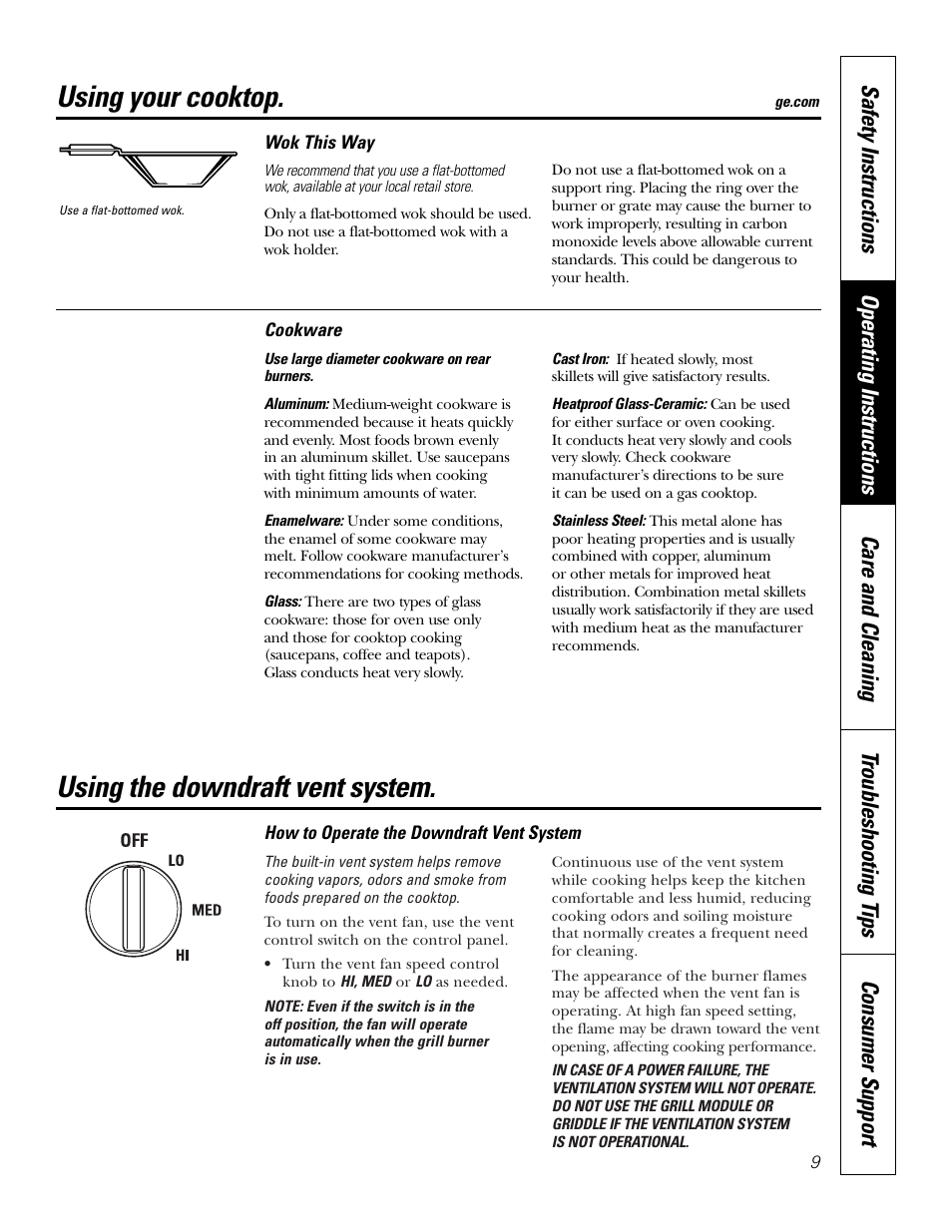 Cookware, Using your cooktop, Using the downdraft vent system | GE JGP990 User Manual | Page 9 / 80