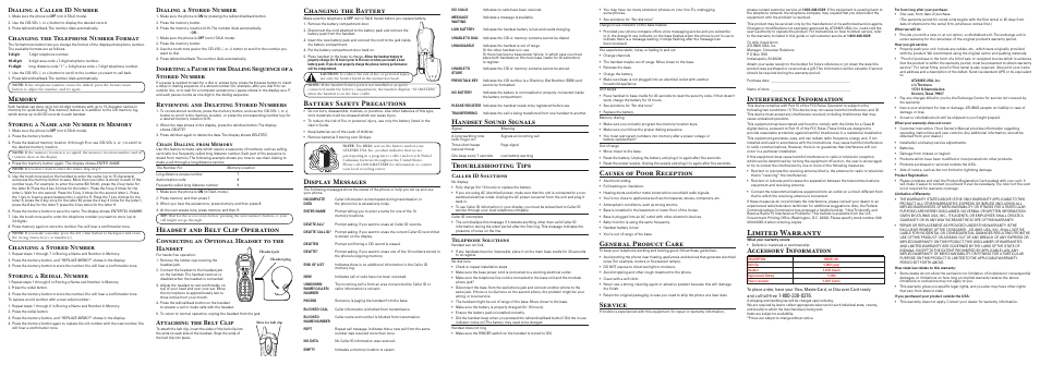 Limited warranty, Headset and belt clip operation, Changing the battery | Battery safety precautions, Display messages, Handset sound signals, Troubleshooting tips, Causes of poor reception, General product care, Service | GE 25840 User Manual | Page 2 / 2