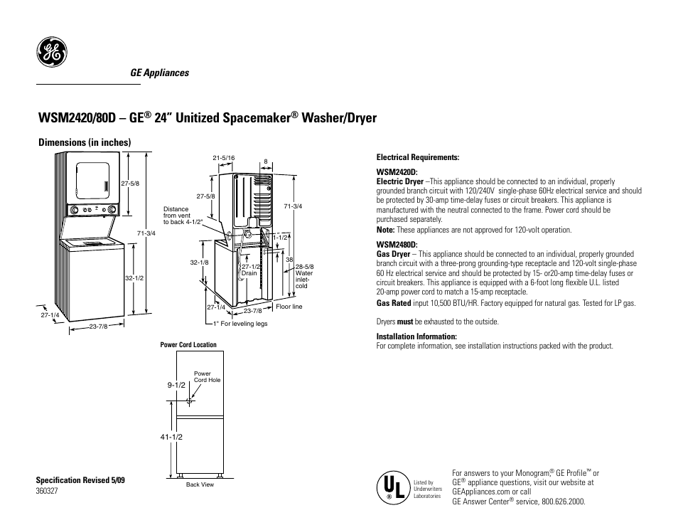 GE Unitized Spacemaker WSM2420DCC User Manual | 3 pages