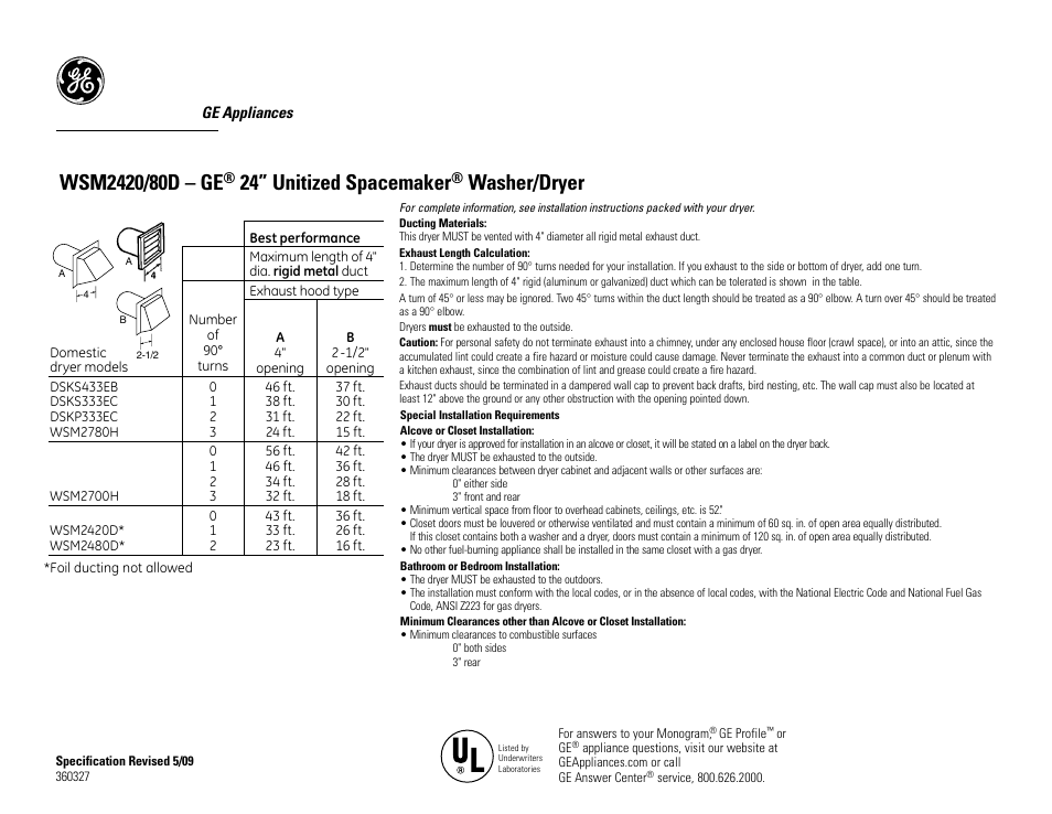 24” unitized spacemaker, Washer/dryer | GE Unitized Spacemaker WSM2420DCC User Manual | Page 2 / 3