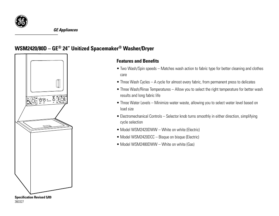 24” unitized spacemaker, Washer/dryer | GE Unitized Spacemaker WSM2420DCC User Manual | Page 3 / 3