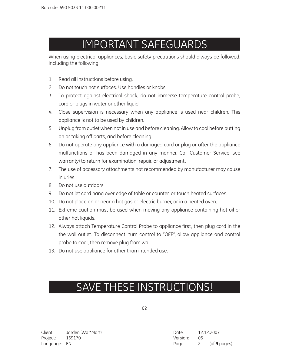 Important safeguards, Save these instructions | GE 169122 User Manual | Page 2 / 9