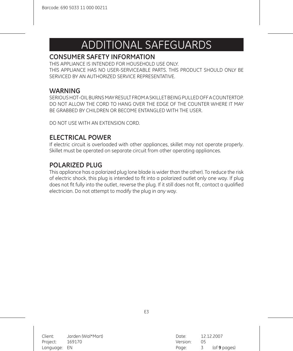 Additional safeguards, Consumer safety information, Warning | Electrical power, Polarized plug | GE 169122 User Manual | Page 3 / 9